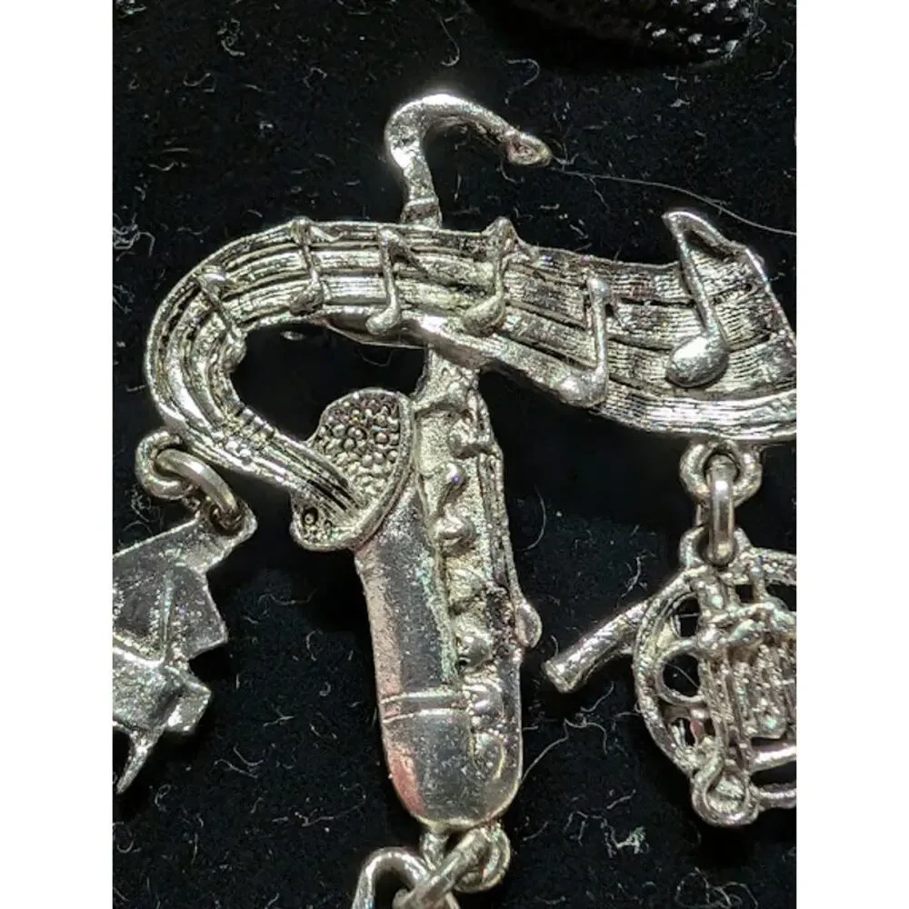 Vintage Silver Tone Dangling Musical Instruments Brooch Pin 2.5 inches long